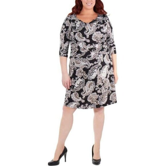 NY Collection Black Paisley Dress Boho Plus Size 1X White Sheath Draped Ruching - Picture 1 of 12